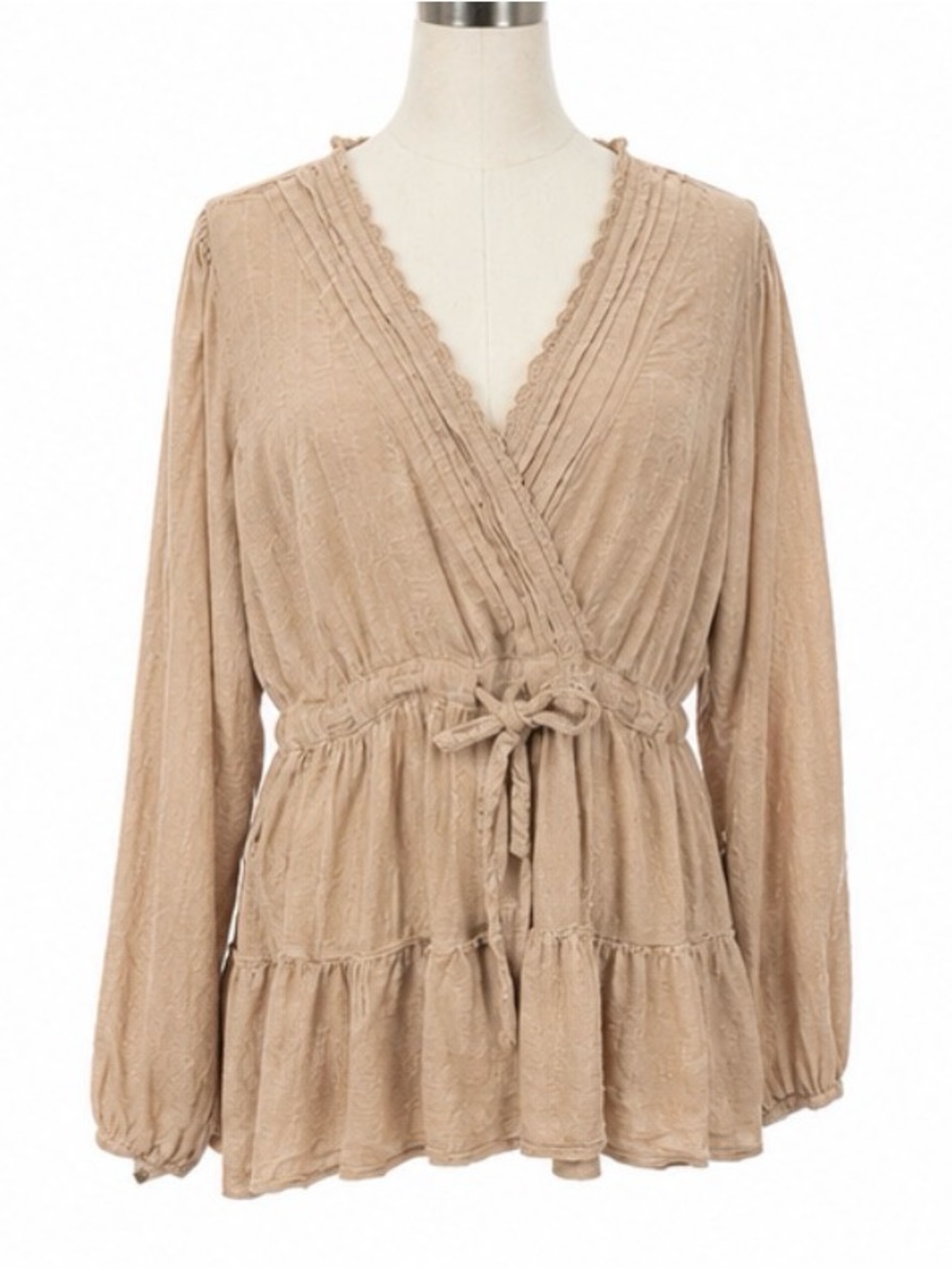 Torrid Size 1 Beige Boho Peasant Blouse | Cotton Rayon Tie Waist Babydoll Top